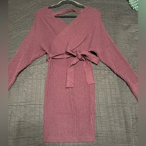 Windsor Ribbed Knit Tie-Front Mini Sweater Dress in Plum